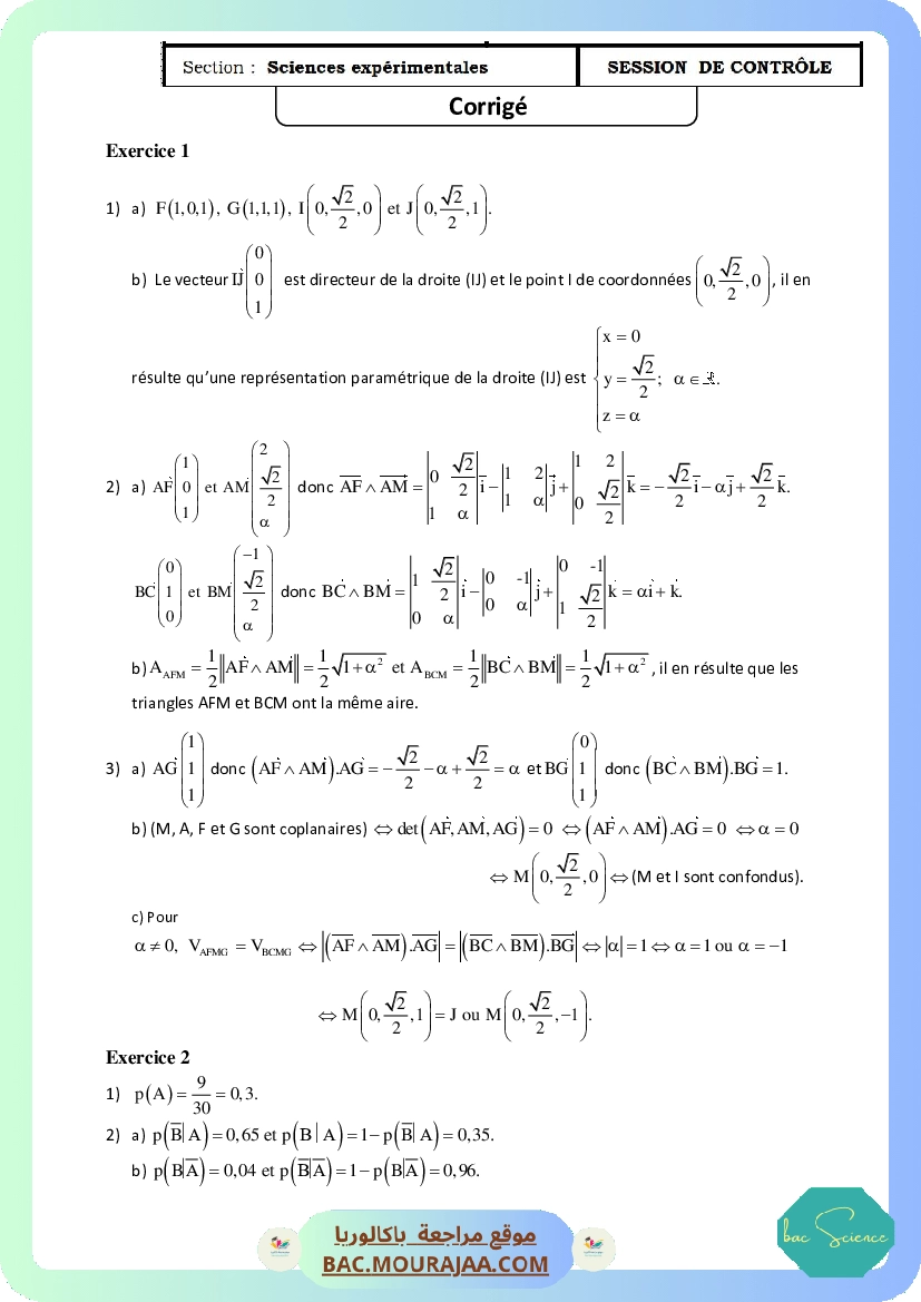 Corrigé controle math Bac 2013 – Section science